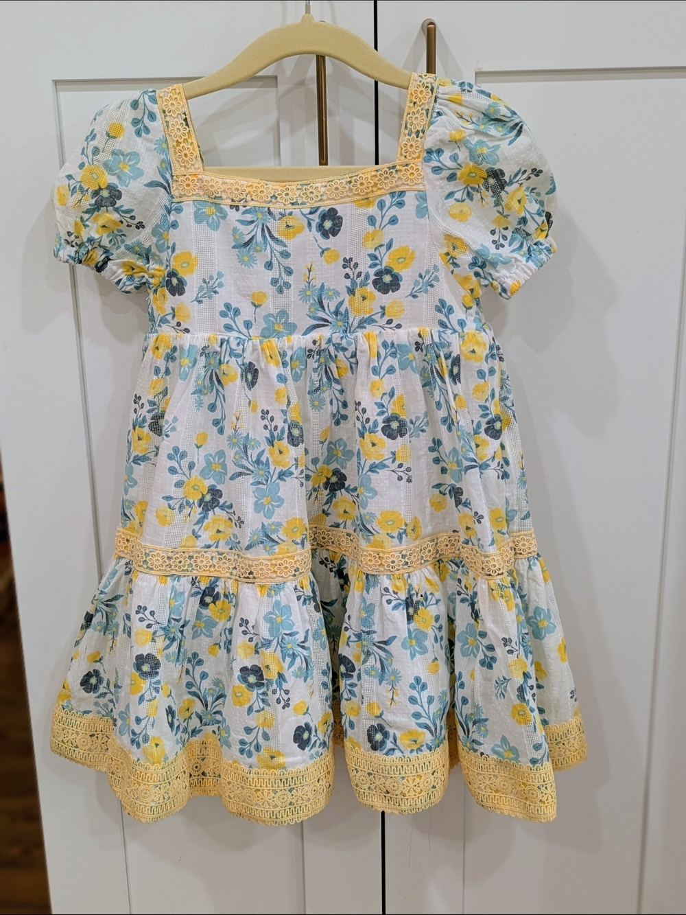 Joie White Floral Tiered Dress with Yellow Lace Trim